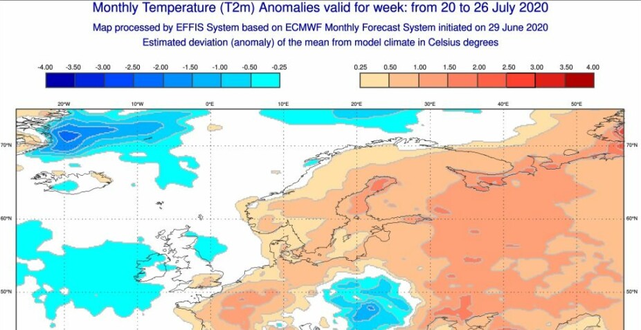 <b>PROGNOSER FOR JULI:</b> Over ser du grafikk for prognosen fra 20. til 26. juli, til Erik Kolstad og Seasonal Forecasting Engine (SFE). Bildet viser temperaturavvik, blått er kaldere, rødt er varmere. Om dette slår til, kan det se ut til at juli kommer ut omtrent som normalt.