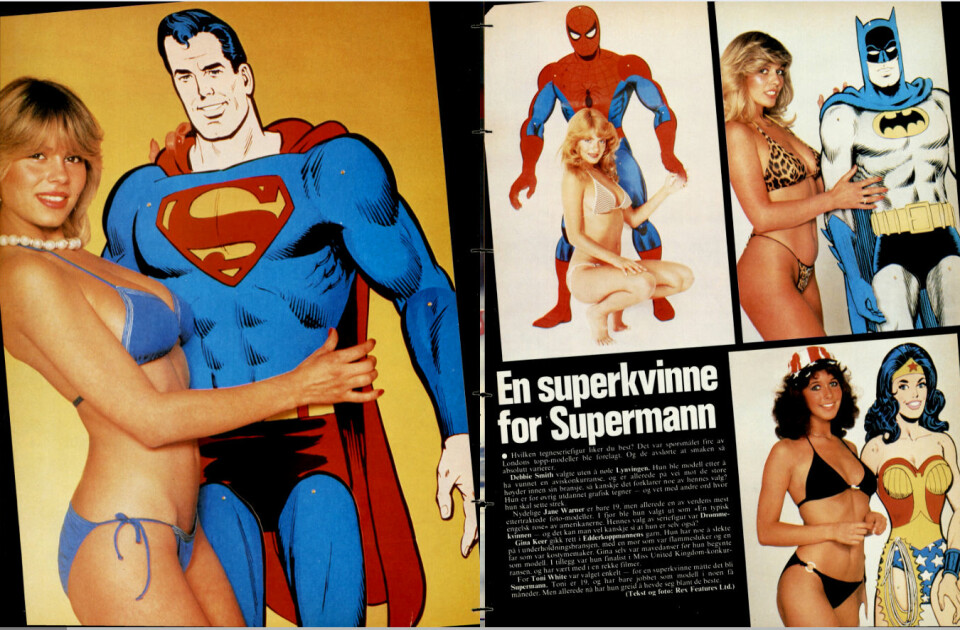 PAGE 3 OG SUPERHELTENE: I januar 1982 hadde Vi Menn følgende tosider, der britiske fotomodeller valgte sine favoritter blant superheltene.