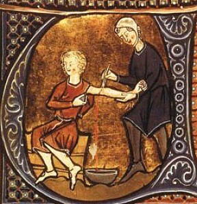 ÅRELATING: En middelaldersk fremstilling av årelating, som i tidligere tider ble brukt for å løse de fleste helserelaterte problemer.