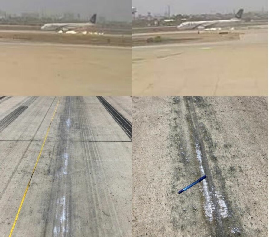 AVSLØRENDE: Den foreløpige havarirapporten viser bilder fra overvåkingskameraer av flyet mens motorene skraper langs rullebanen. Under vises skrapemerkene motorene etterlot.