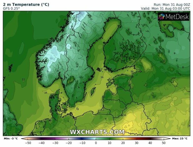 KALD NATT: Det ble målt minusgrader flere steder i løpet av natten. Her er en grafikk fra MetDesk som viser temperaturene kl. 03.00 i natt.