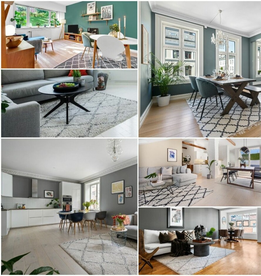 «HERJER» PÅ FINN: Et lite knippe av de mange boligannonser med varianter av det samme marokkansk-inspirerte teppet på Finn, september 2020