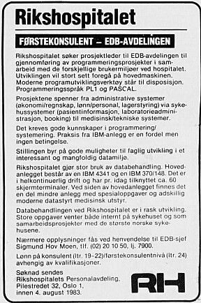 HADDE 60 SKJERMTERMINALER: EDB-sjef Sigmund Hov Moen ved Rikshospitalet søkte en EDB-konulent med denne annonsen i Arbeiderbladet 21. juli 1983.