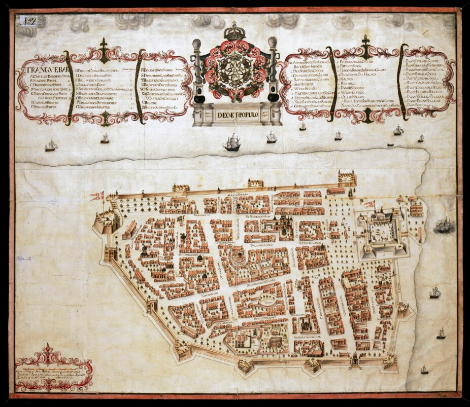 GLANSDAGENE: Et gammelt kart viser Trankebar i glansdagene i 1733. Opphav: Trellund, Gregers Daa Ingeniørkorpset