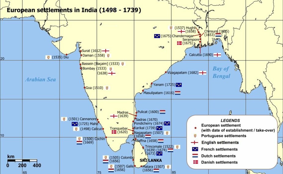 Kart over europeiske kolonier i India. Danmark-Norge regjerte over Trankebar og Serampore.