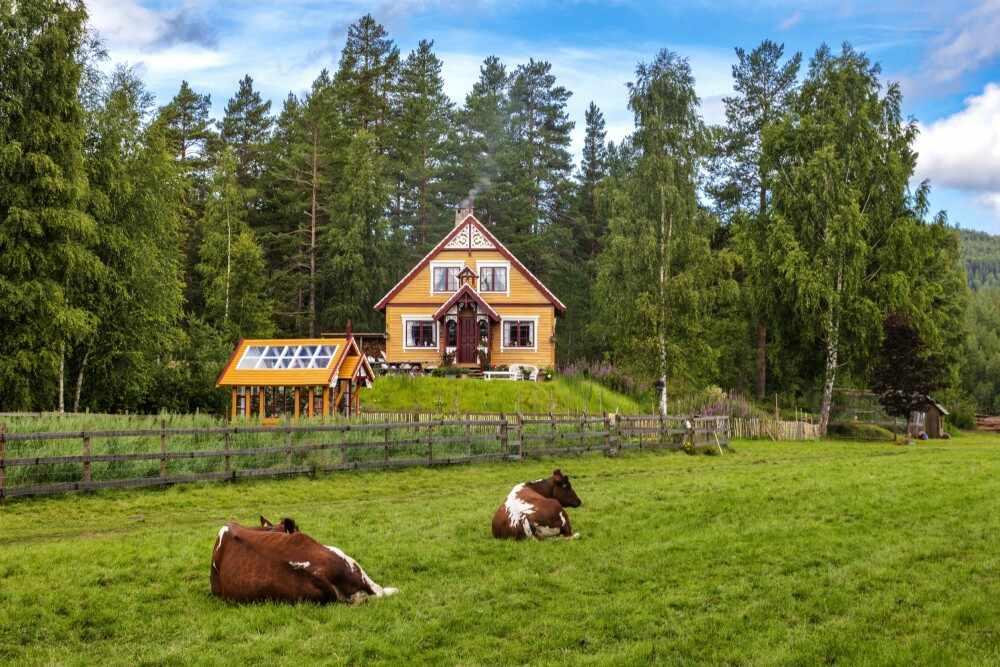 <b>EVENTYRLIG:</b> Årets Farmen-gård har en eventyraktig fasade og ligger idyllisk til på en halvøy ved innsjøen Samsjøen på Ringerike.