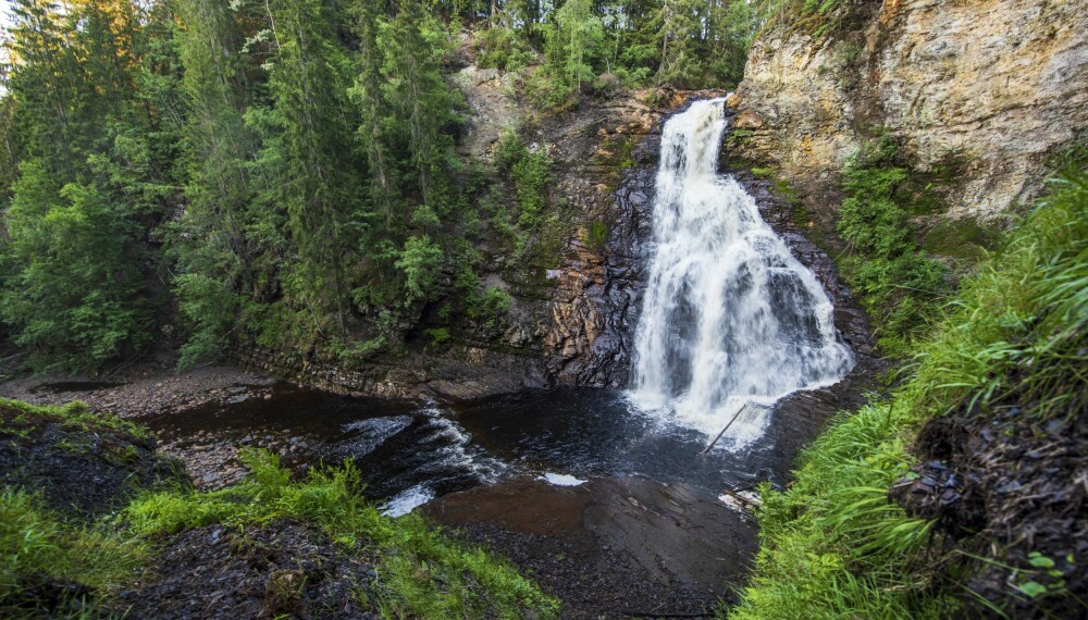 TRE INNGANGER: Det er i alt tre inngangen til bunkeren/tømmer­renna. Fra toppen av tømmer­renna bak fossen. Midt i fossen og helt nederst ved siden av fossen.