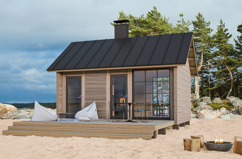 FRA FINLAND: Lan­dets sau­na-tra­di­sjo­ner set­ter sitt preg på finsk­pro­du­ser­te Villa Glass 25, som på sine 25 m² har fått plass til både opp­holds­rom og en bad­stu med se­pa­rat inn­gang, fra ca kr 357 000, kontio.no.