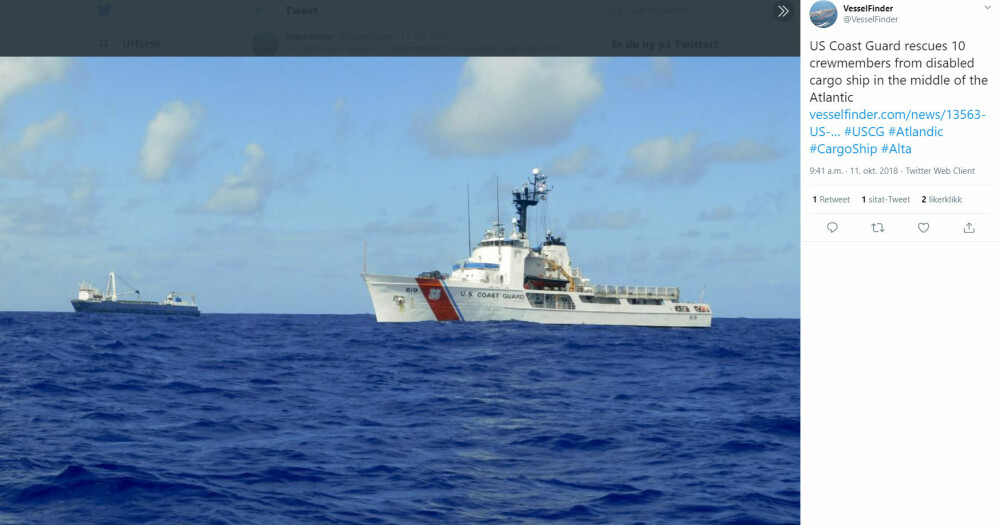 <b>REDDET:</b> Den amerikanske kystvakten fikk reddet mannskapet på ti fra motorkraftløse MV «Alta» i oktober 2018.