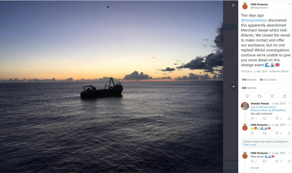 <b>I DRIFT:</b> I august 2019 oppdaget HMS «Protector» et forlatt skip i Atlanterhavet. Det ble senere bekreftet å være spøkelses­skipet MV «Alta».