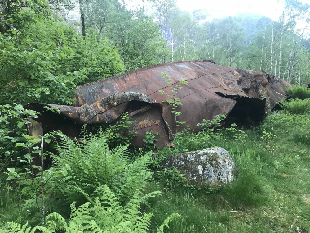 <b>GAMLEDAMPEN:</b> De forvridde restene av «Lodalen» ligger fortsatt i skogen på Nesodden som en påminnelse om hendelsene i 1905 og 1936.
