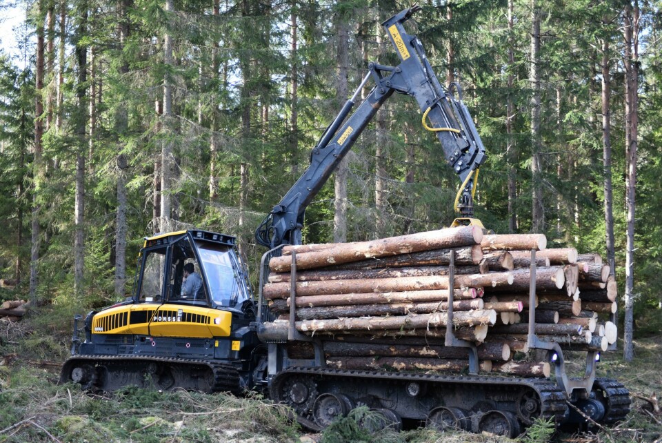 ONTRACK: Forskning viser at beltegående lastbærere gir mindre skader på skogbunnen. Beltene gir lavere marktrykk.