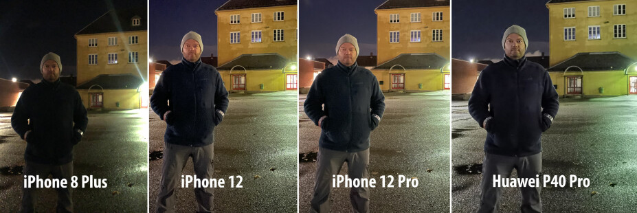 HVEM ER BEST: iPhone 8 henger fortsatt med, men iPhone 12 gir mer detaljer og bedre skarphet. Huawei P40 Pro lager et grønnskjær og litt for gusten hud.