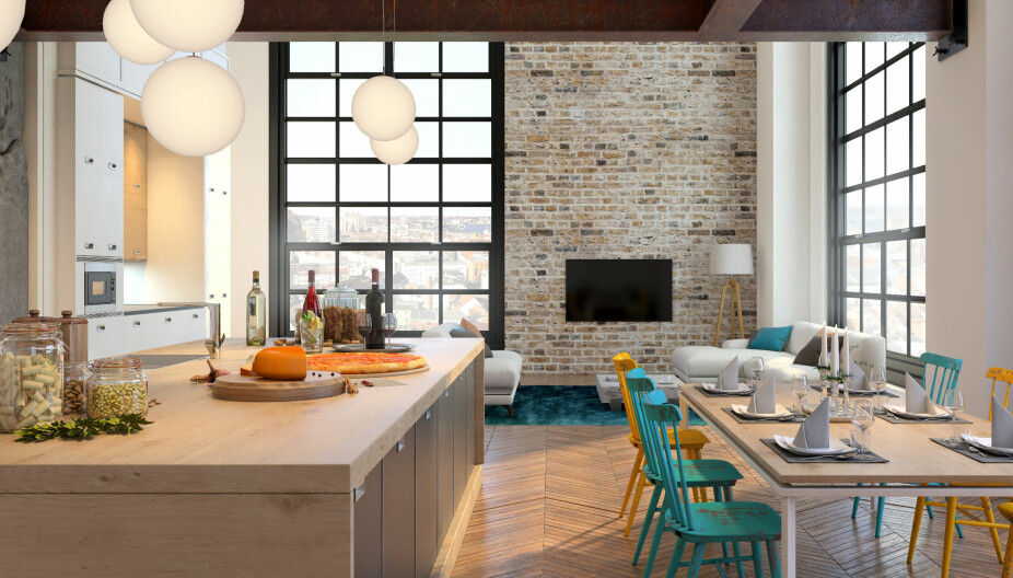 Modern apartment interior dining room with large kitchen island. Yellow and turquoise chairs. Kitchen counter with lots of food and drinks. Old brick wall and large windows.  Copy space template background render