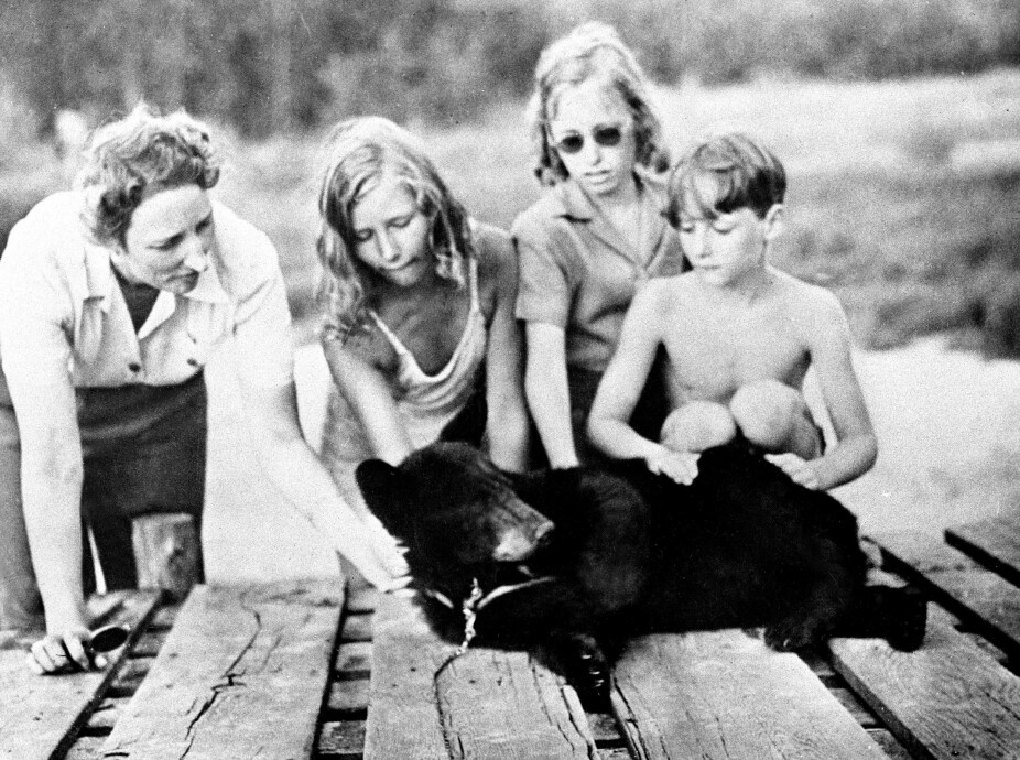 LEKTE MED BJØRN: Kronprinsesse Märtha, prinsesse Astrid, prinsesse Ragnhild og prins Harald sammen med bjørnen Peik.
