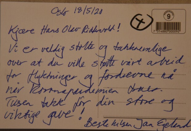 <b>TAKK:</b> Generalsekretær i Flyktninghjelpen, Jan Egeland, sendte en personlig takk til Hans Olav.