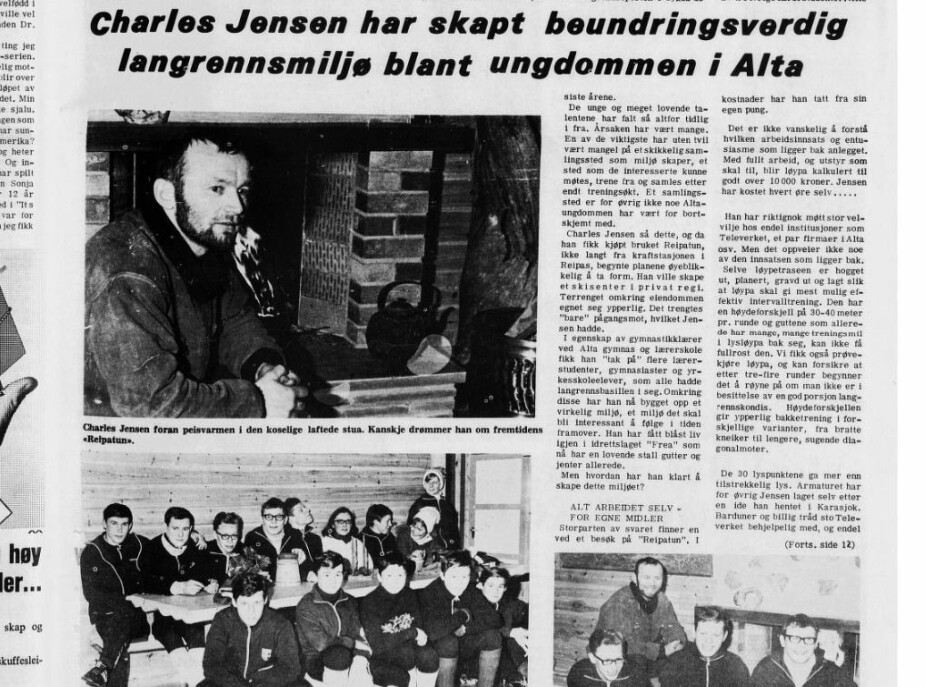 BYGGET PRIVAT LYSLØYPE: I 1969 hadde Finnmark Dagblad en reportasje om "langrennssportens store entusiast i Alta", Charles Jensen, som bygget egenfinansiert lysløype på bruket han eide i Reipas, Alta. med god fra noen andre skiløpere. Armaturet skal Jensen ha laget selv.