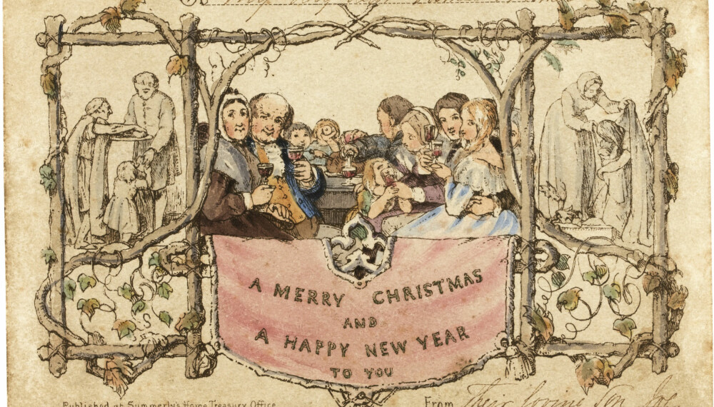 DET FØRSTE JULEKORTET: Bildet viser verdens første julekort, designet av John Callcott Horsley i 1943.
