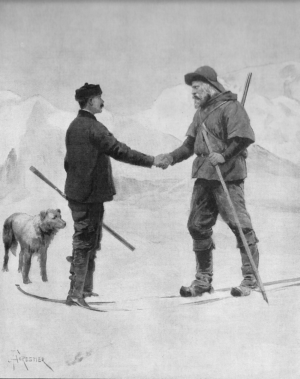 <b>GIGANTMØTET:</b> Møtet mellom Fridtjof Nansen og Fredrick G. Jackson ved Kapp Flora, slik avisen «Illustrated London News» så det for seg med en tegning.