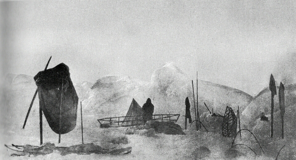 FRISK LUFT: Leir i drivisen et sted. Den doble soveposen som Nansen og Johansen hele tiden delte er hengt ut til tørk og lufting.