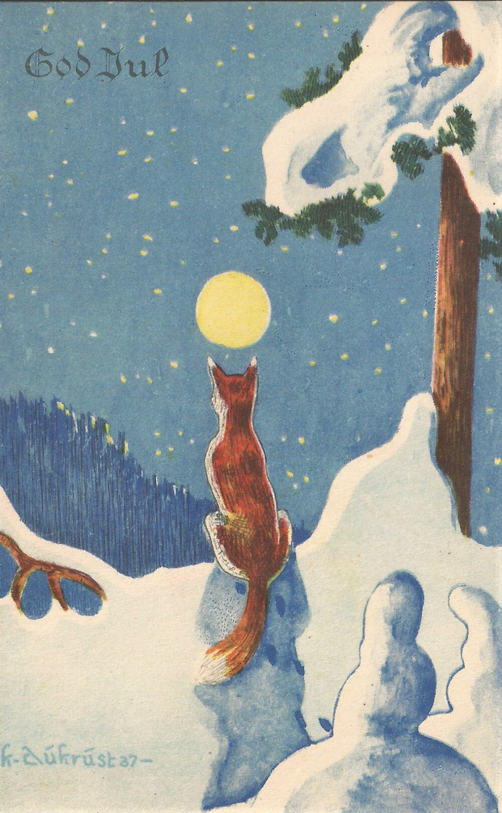 ROMANTISK: Denne tegningen av reven som stirrer lengselsfullt mot månen, tegnet Kjell i 1937. Da var han 17 år gammel.