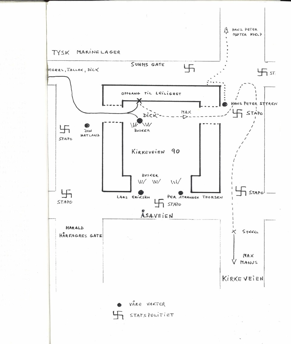 KART: Skissen viser vakter og fluktruter.