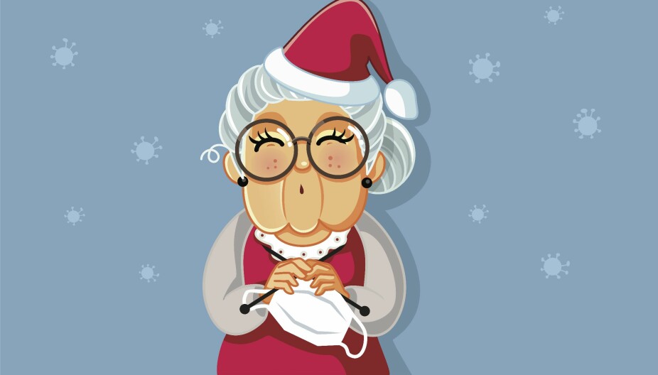 DRØMMEN OM MEG: Blid og strikkende nissemor. Slik så jeg for meg at jeg skulle se ut i julen. Det eneste strikkingen har gitt meg som ligner på Fru Santa er grå hår.