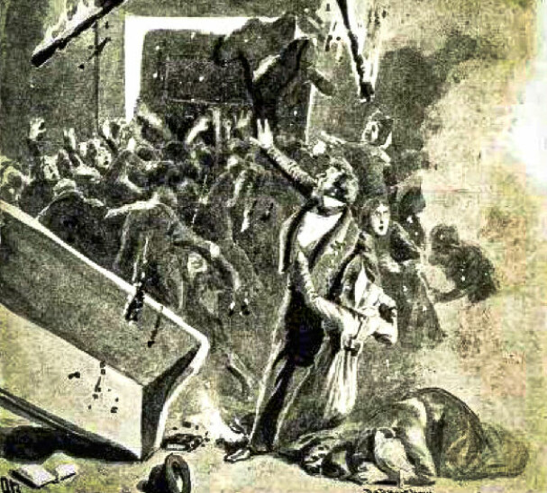 <b>BRANT INNE:</b> Denne tegningen fra slutten av 1800-tallet viser hvordan menig­heten i Grue kirke ble innesperret bak en stengt dør, omsluttet av flammer og brennende tjære.