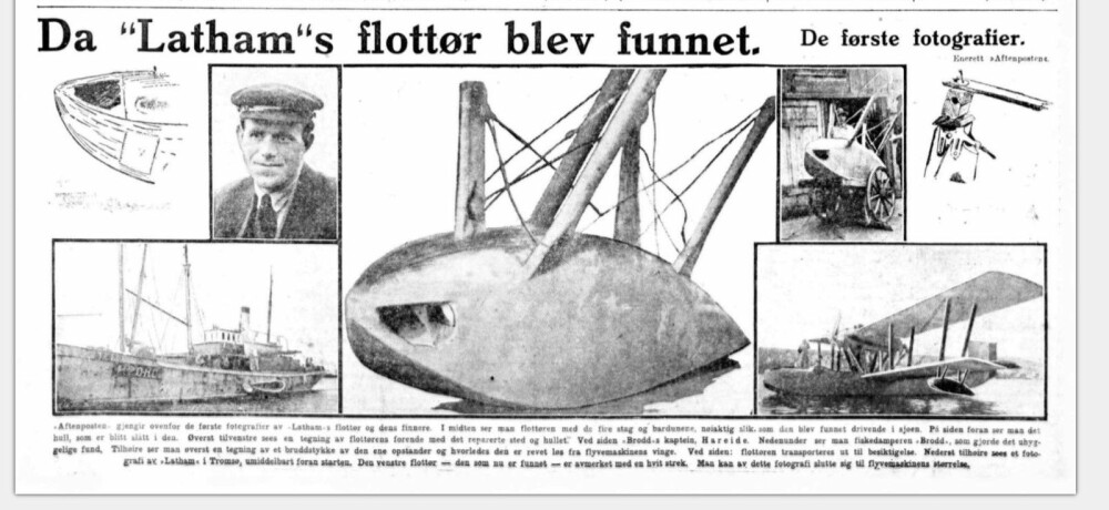 <b>FLOTTØREN:</b> Faksimile av Aftenpostens første bilder av «Lathams» avrevne flottør, som ble funnet utenfor Finnmark av fiskebåten «Brodd». 