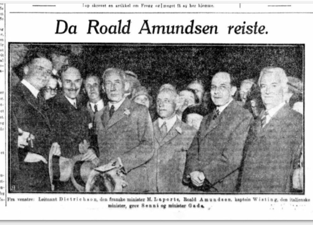 <b>AVSKJED:</b> Roald Amundsen (nr. tre fra venstre i fremre rekke) fotografert like før avreisen for å lete etter de overlevende fra «Italia»-forliset.
