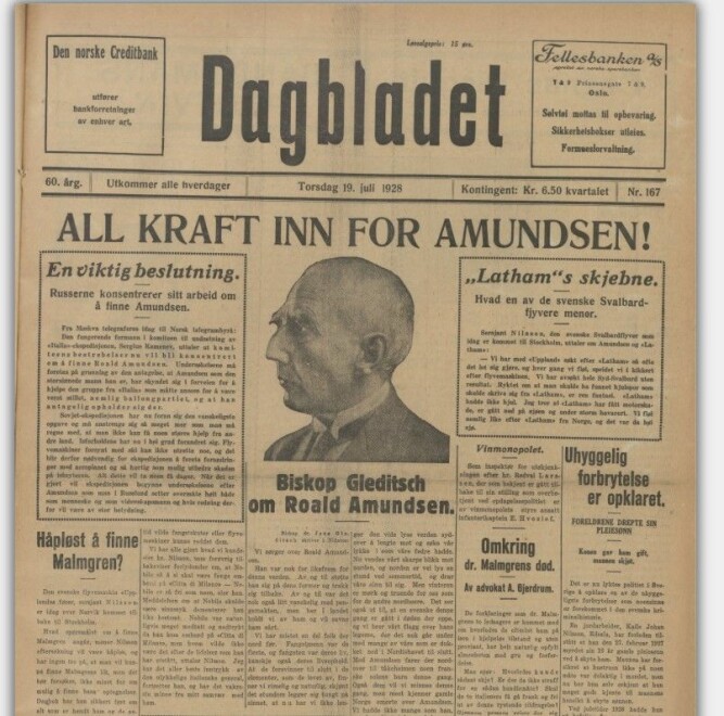 <b>SAVNET:</b> Dagbladets førsteside 19. juli 1928 var preget av Amundsens forsvinning.