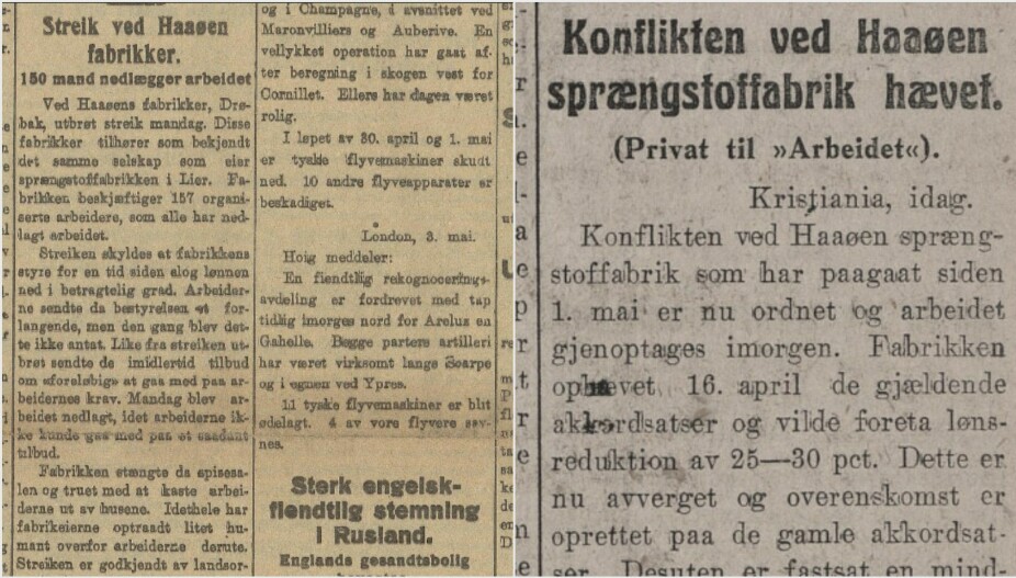 STREIKEN AVBLÅST: 3. mai 1917 melder avisen Fremtiden om streik ved Haaøen fabrikker. 11. juli samme år skriver Arbeidet at streiken er avblåst og ledelsen fikk ikke gjennomslag for å redusere lønnen med 25-30 prosent.