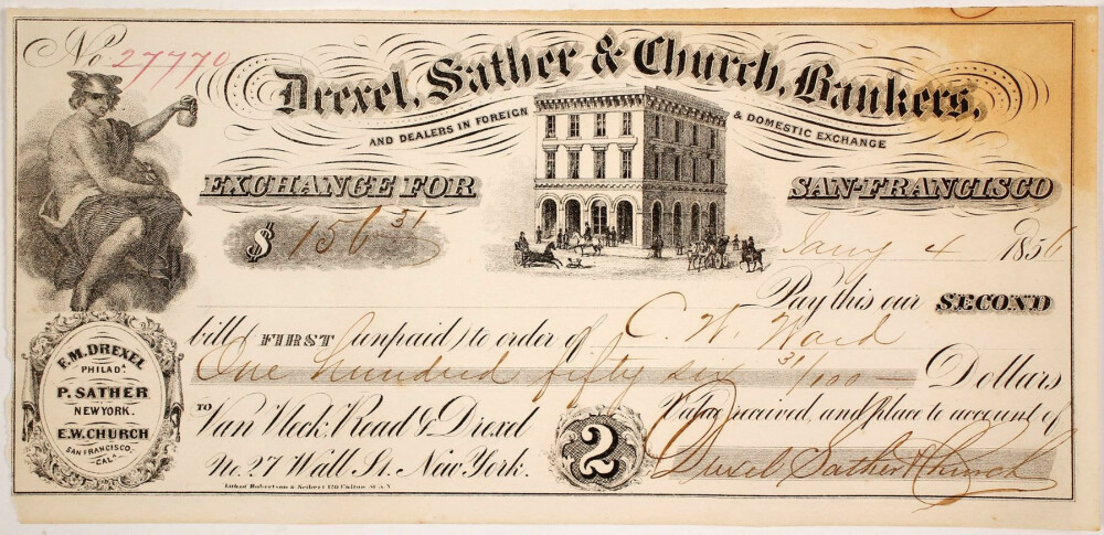 <b>TROVERDIG:</b> Sjekker fra banken Dexel, Sather &amp; Church nøt stor tillit i USA på 1850-tallet.