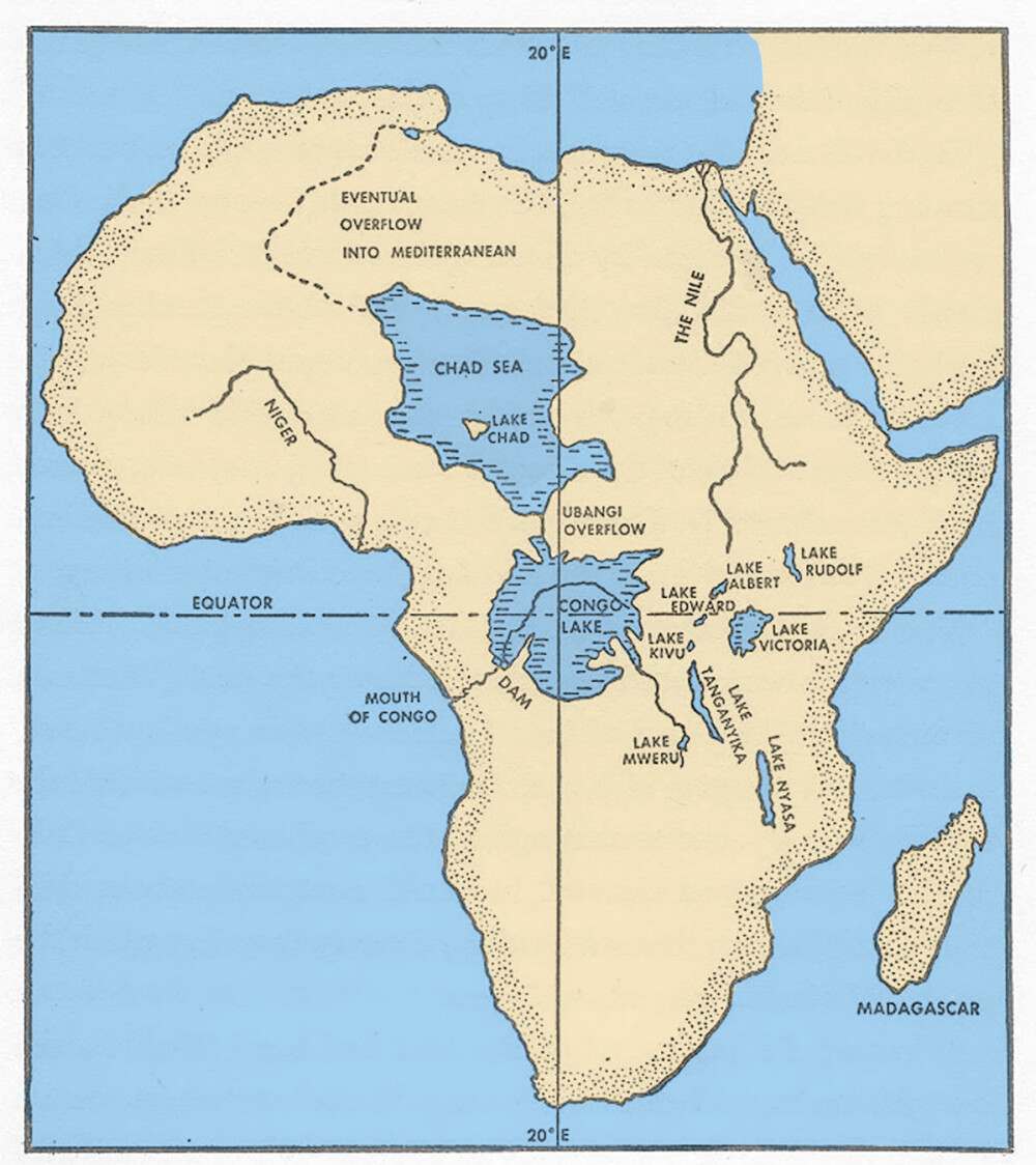 <b>SJØER I AFRIKA:</b> Ved å demme opp Kongoelva skulle det dannes en stor ny innsjø i dagens DR Kongo. I tillegg ville den grunne Tsjadsjøen bli en stor innlandssjø.