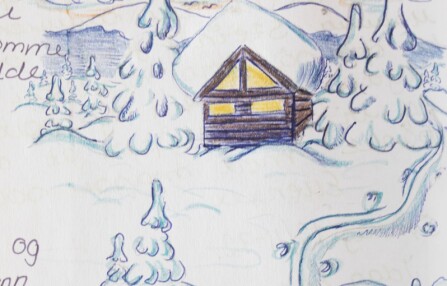 Portrettet av hytta er tegnet av en ung Ellen. Mor Grete tar godt vare på de tre hyttebøkene, de er kjære minner.