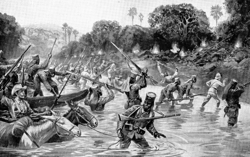 <b>SLAGET VED NGOMANO:</b> Den 25. november 1917 kjempet tysk-afrikanske styrker mot portugisiske styrker i dagens Mosambik. Samtidig illustrasjon.