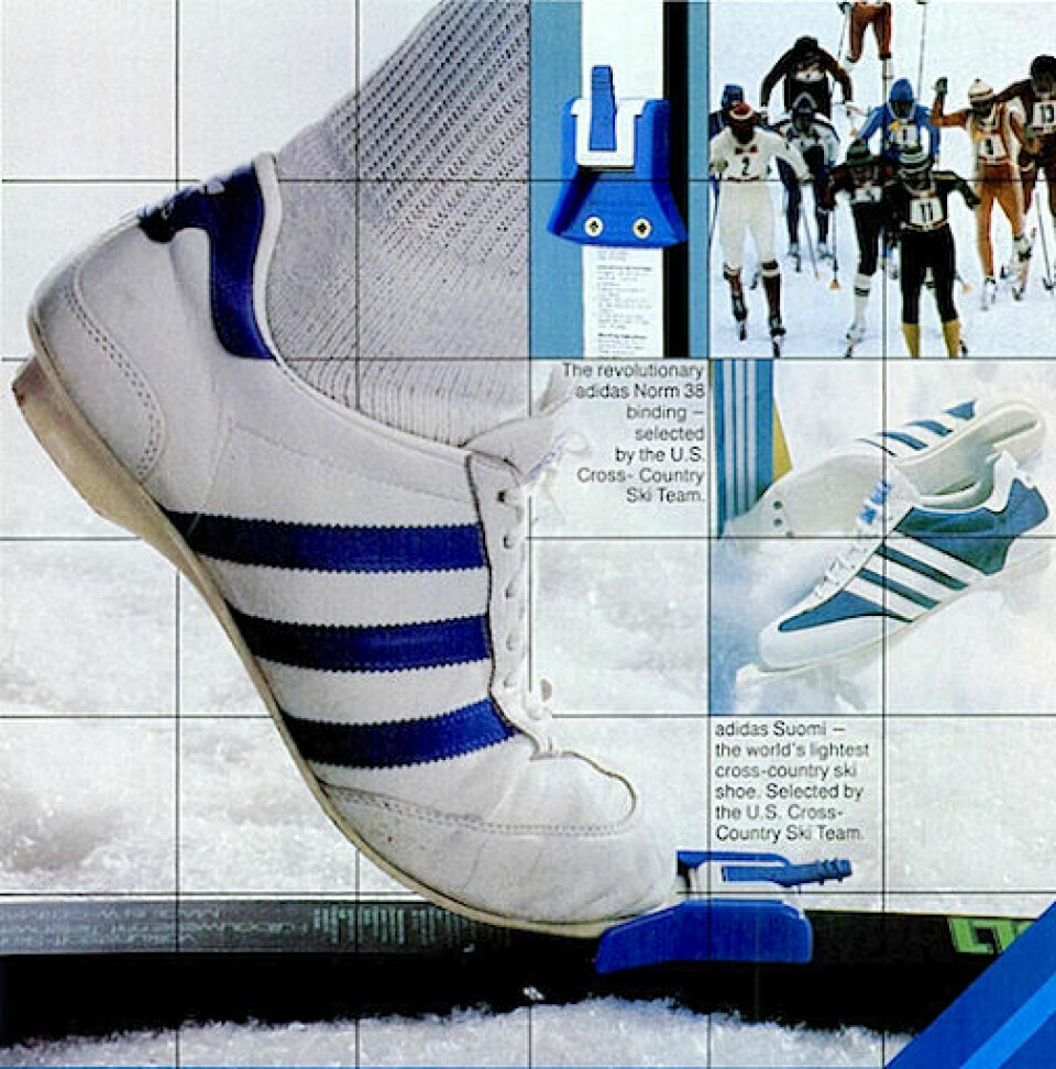 REVOLUSJON OG VEKKER: Adidas tok opp konkurransen om Rottefellas posisjon under OL i 1976. Konseptet var at skiskoen satt fast i bindingen som igjen satt fast i skien. Alt var så smalt at bindingen ikke lenger skrubbet borti kanten på skisporet og stjal fart. Men under stafetten brøt patentet sammen (til høyre).