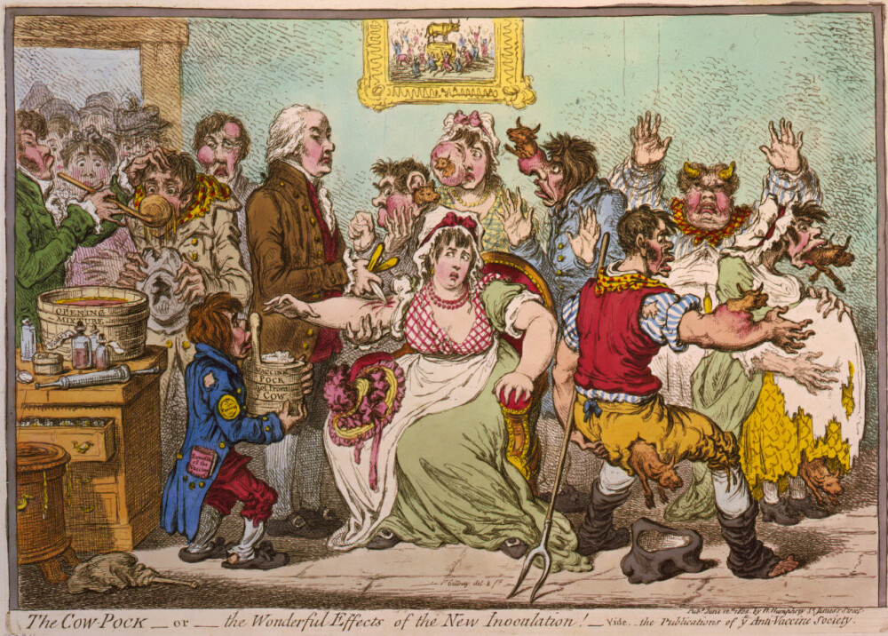 <b>FØRSTE VAKSINEPANIKK:</b> Illustrasjon fra 1802 viser hvordan legene gir forskremte kvinner og menn ku-formede byller og utvekster med sin vaksinasjon.