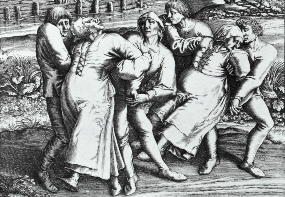 <b>DANSEPEST:</b> Den flamske kunstneren Hendrik Hondius den yngre (1573–1650) sin fremstilling av tre dansende kvinner under et dansepest-utbrudd i middelalderen.