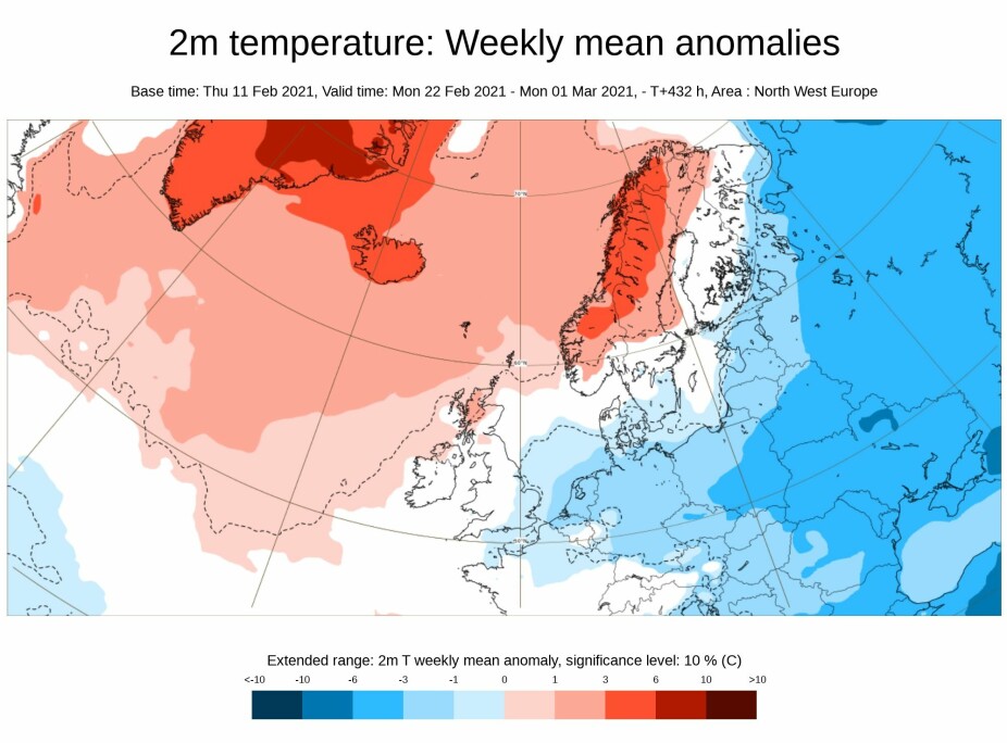 VARMERE ENN NORMALT: ECMWF slapp 11. februar denne prognosen for uke 8. Varselet tyder på at det vil bli mildere enn normalt i store deler av landet.