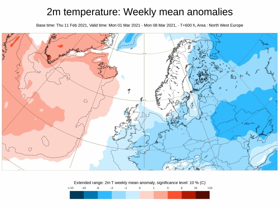 ECMWFs prognose fra 11. februar for uke 9 tyder på temperaturer rundt normalen første uken i mars .