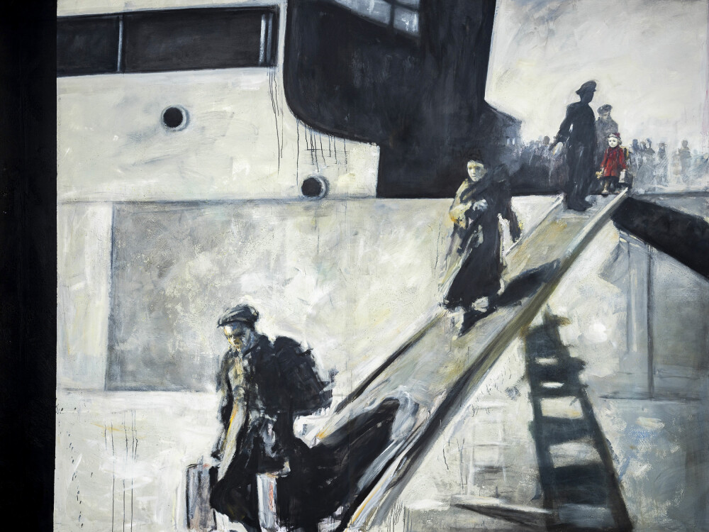 <b>REDD:</b> Ellinor på vei ned leideren i byen Stettin, maleri av Vebjørn Sand.