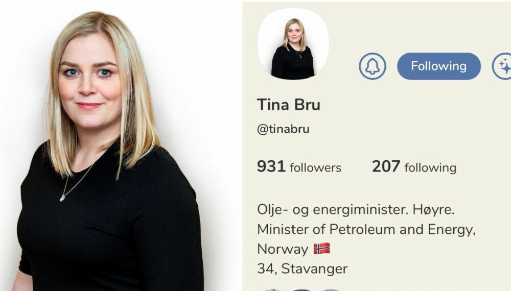 IKKE LIKE AKTIV SOM LINDA: Olje- og energiminster Tina Bru er en av flere i Ernas regjering som har laget Clubhouse-profil.