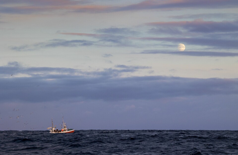 IDYLLISK: Så ble det faktisk litt idyllisk likevel.Mykt lys, stor måne og et fiskefartøy i soloppgangen. Jo da, det ble faktisk idyllisk ute på havet denne januar morgenen.