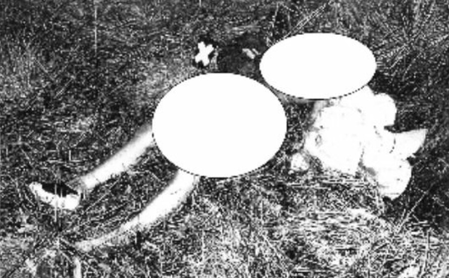 ÅSTEDET; Sigrids klær ble funnet i området rundt liket.
Da hun ble funnet, hadde hun bare på seg et par
kreppsokker og en joggesko på høyre fot. Rundt
halsen var det strammet til og knyttet først en rosa
BH, så det venstre ermet på en sort bluse, og til sist
hettesnoren fra Sigrids rødoransje regnjakke.