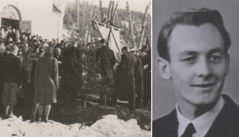 FRA BEGRAVELSEN: Hundrevis av mennesker var til stede da Arne Grøterud (t.h.) ble begravet ved Heggen kirke 3. mars 1945. Fanen i midten tilhører sangerforeningen. Flere på bildet holder sin sangerlue i hånda.