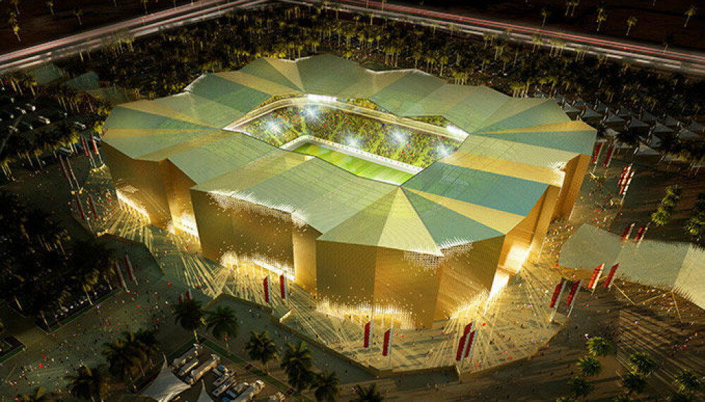 ALBERT SPEER JR. SIN QATAR-VISJON ANNO 2010: Umm Salal Stadion designet av Albert Speer + Partners slik det fremsto i Qatars VM-søknad. Qatar ble tildelt fotball VM 2022 2. desember 2010. Bildet ligger fortsatt på AS + P sine nettsider.