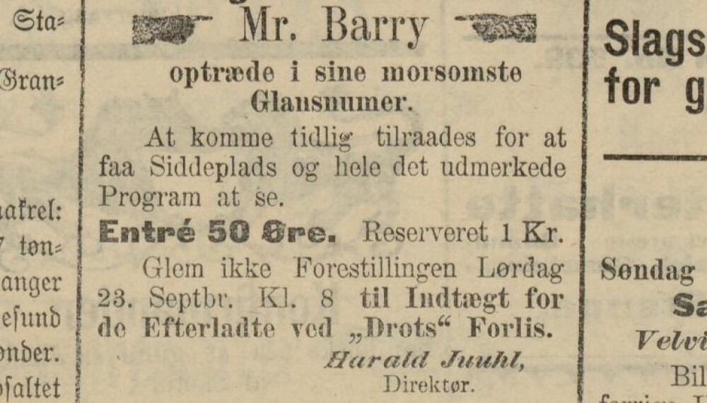 PENGER TIL DE ETTERLATTE: Forestilling til inntekt for de etterlatte ved Drots forlis. Stavanger Aftenbladet, 22, september 1889.