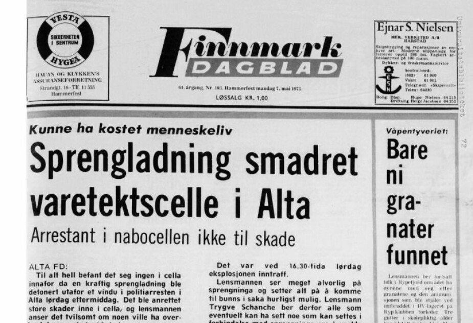 STORE SKADER I CELLA; Heldigvis kom ingen personer til skade, rapporterte Finnmark Dagblad 7. mai 1973.