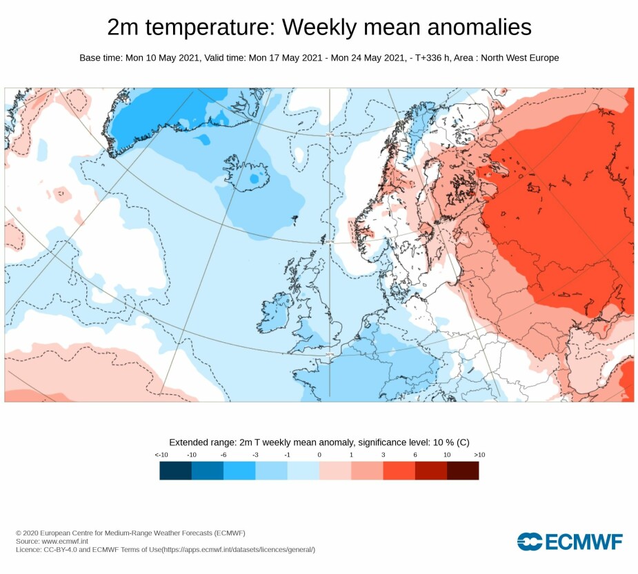 ECMWFs temperatur-prognose for uke 20, som starter 17. mai, tyder på temperaturer rundt det normale for årstiden. Prognosen ble laget 10. mai.